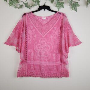 Kindred Size S Pink Lace Embroidered Sheer Mesh Romantic Flowy Top Boho Festival